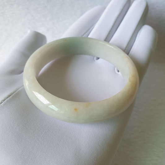 59mm Sprinkle Gold with Green Myanmar Burma Natural Type A Jadeite Jade Singapore Semi-Round Bangle Jewellery (洒金飘绿缅甸天然A货翡翠新加坡正圈手镯首饰) BGL00816 Best Gift, Ideal Gift, Top Gift, Anniversary Gift, Couple Gift, Birthday Gift, for girl, for women, for parent, parent gift