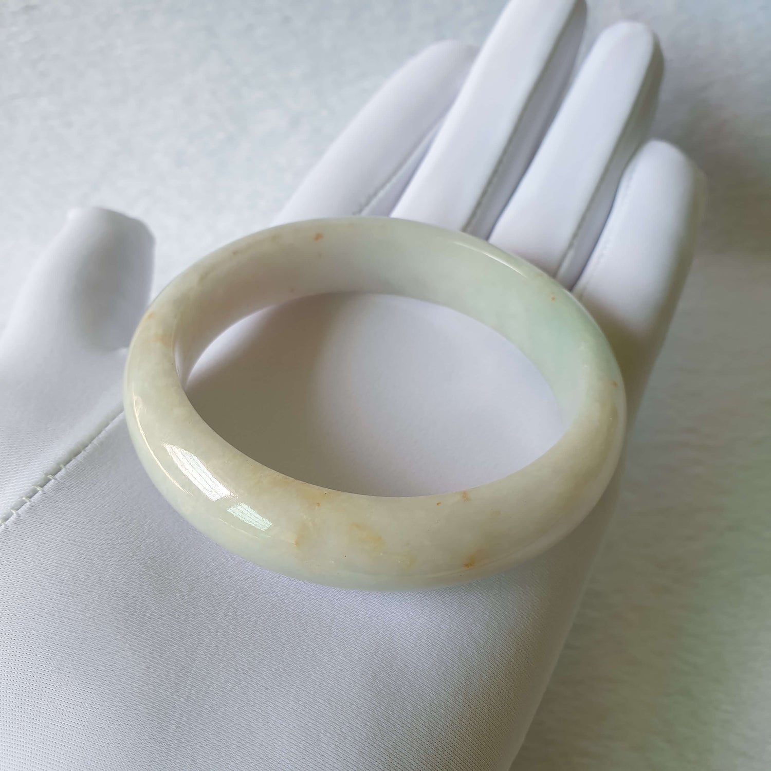 59mm Sprinkle Gold with Green Myanmar Burma Natural Type A Jadeite Jade Singapore Semi-Round Bangle Jewellery (洒金飘绿缅甸天然A货翡翠新加坡正圈手镯首饰) BGL00816 Best Gift, Ideal Gift, Top Gift, Anniversary Gift, Couple Gift, Birthday Gift, for girl, for women, for parent, parent gift