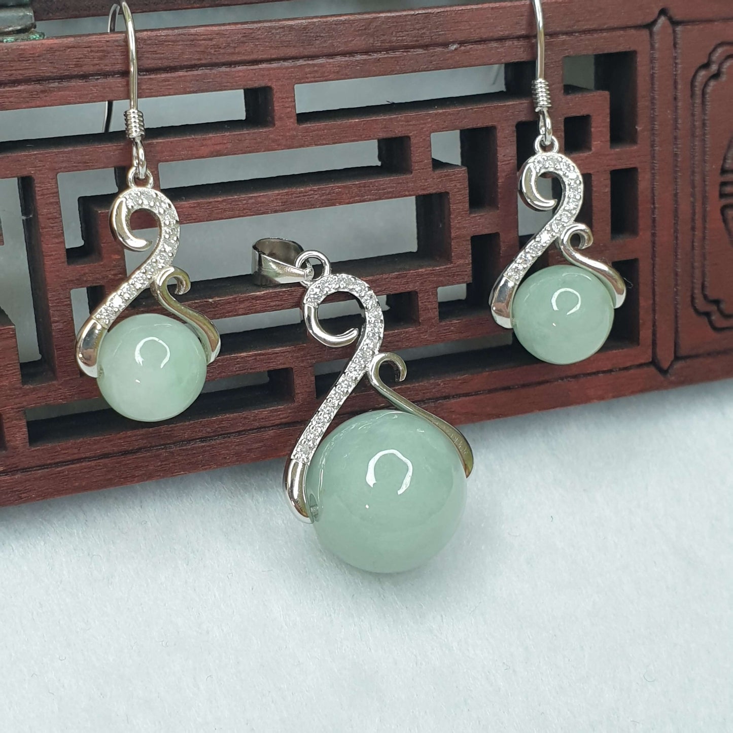 Jadeite Jade Jewlery Set Pendant with Dangle Earring White & Light Green (AFG-003) Best Gift, Ideal Gift, Top Gift, Anniversary Gift, Couple Gift, Birthday Gift, for girl, for women, for parent, parent gift