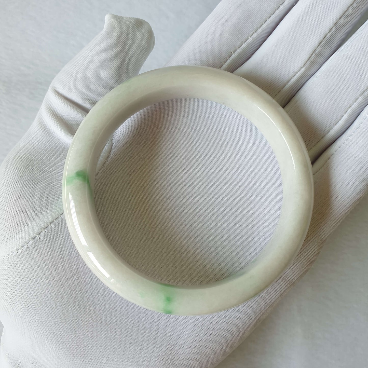 59.8mm White with Green Type A Jadeite Jade Semi-Round Bangle (BGL00414) Best Gift, Ideal Gift, Top Gift, Anniversary Gift, Couple Gift, Birthday Gift, for girl, for women, for parent, parent gift