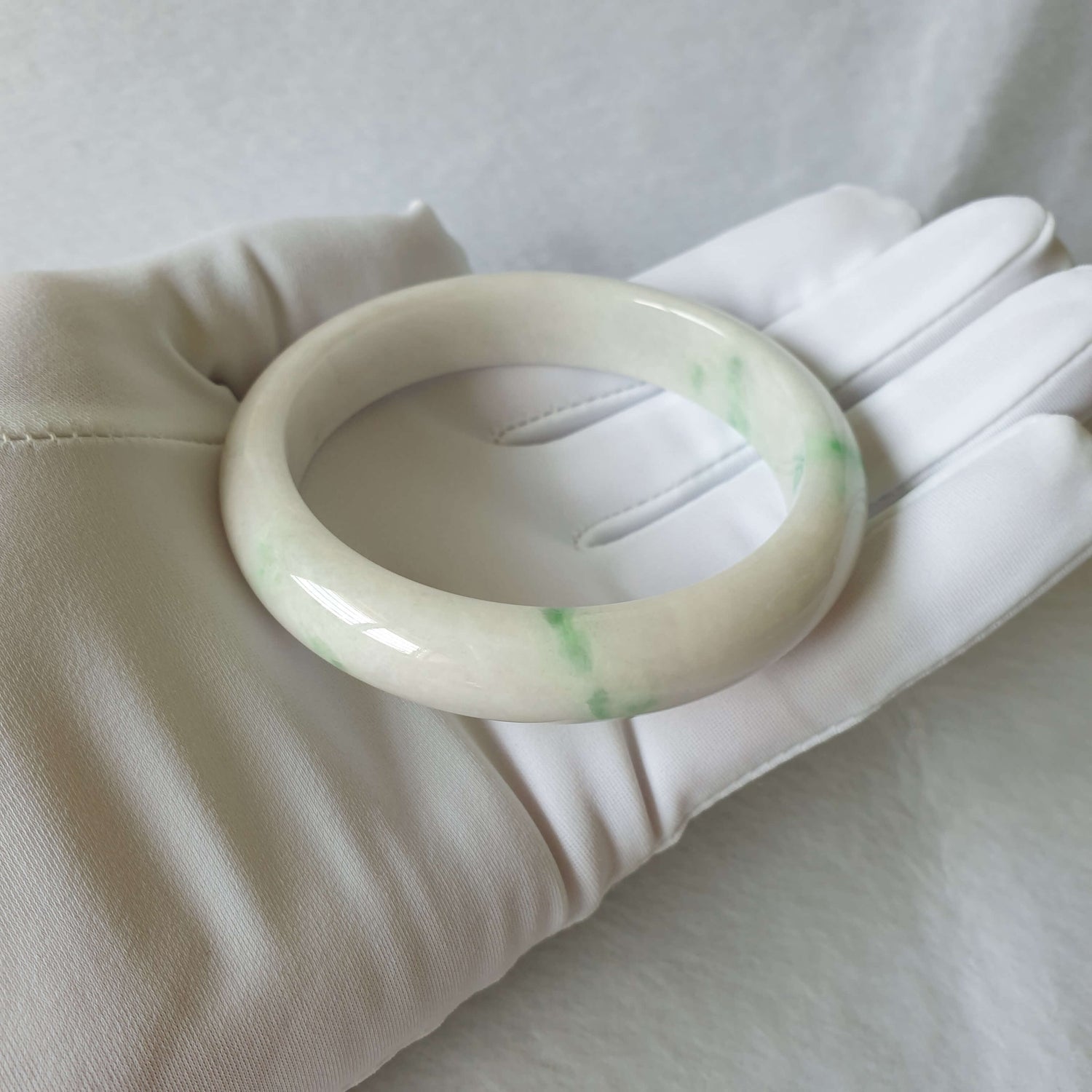 59.8mm White with Green Type A Jadeite Jade Semi-Round Bangle (BGL00414) Best Gift, Ideal Gift, Top Gift, Anniversary Gift, Couple Gift, Birthday Gift, for girl, for women, for parent, parent gift