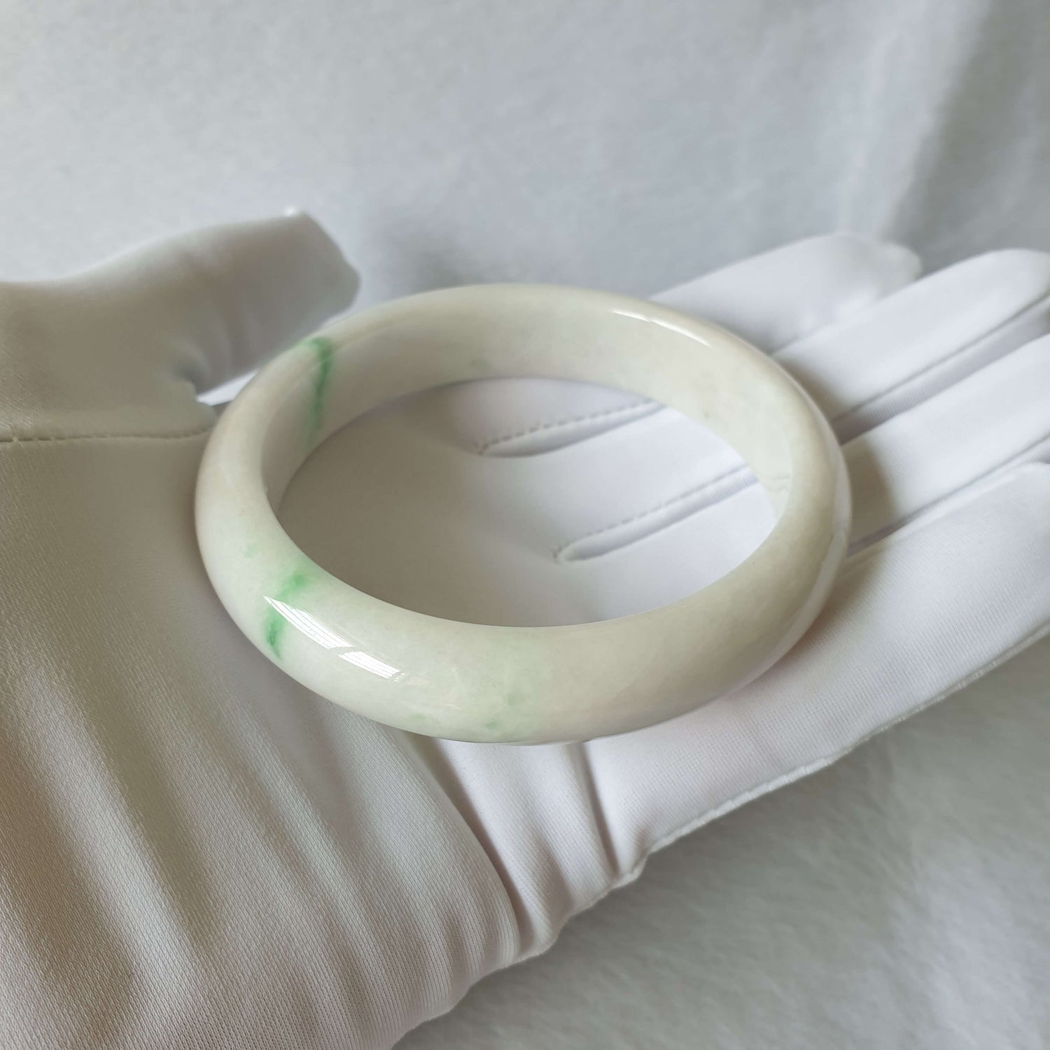 59.8mm White with Green Type A Jadeite Jade Semi-Round Bangle (BGL00414) Best Gift, Ideal Gift, Top Gift, Anniversary Gift, Couple Gift, Birthday Gift, for girl, for women, for parent, parent gift