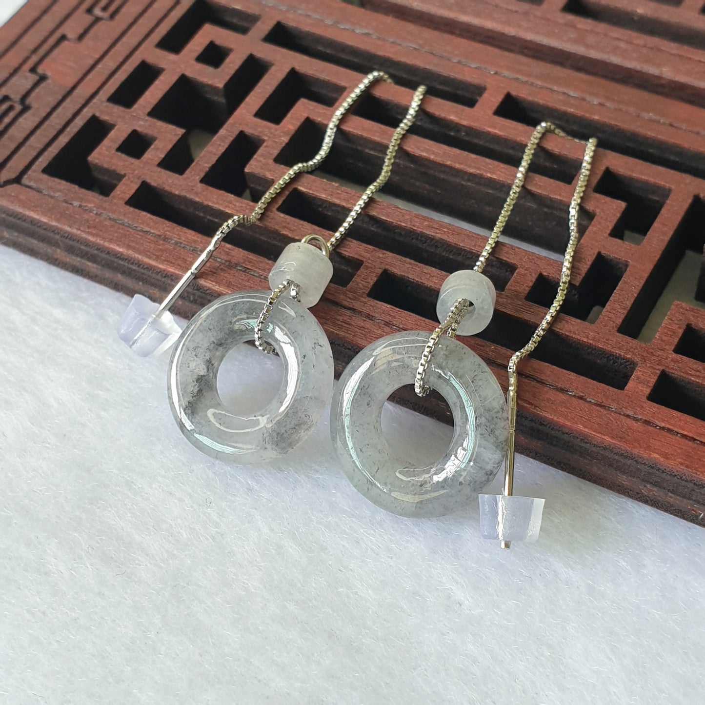 Myanmar Burma Natural Type A Icy Grey Jadeite Jade Threader Earring Women Female Jewellery Jewelry 缅甸天然A货冰种乌鸡灰色翡翠耳链耳饰耳环女性首饰玉石珠宝