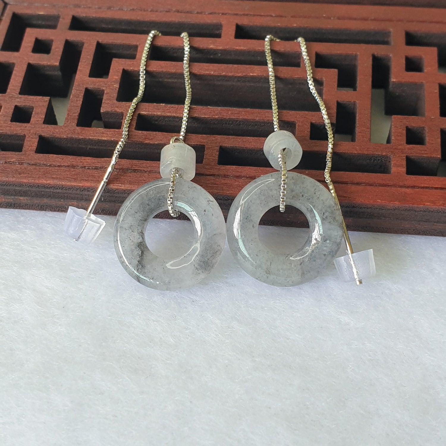 Myanmar Burma Natural Type A Icy Grey Jadeite Jade Threader Earring Women Female Jewellery Jewelry 缅甸天然A货冰种乌鸡灰色翡翠耳链耳饰耳环女性首饰玉石珠宝